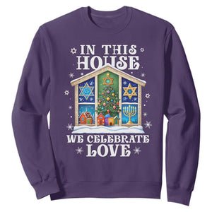 Funny Hanukkah Christmas Sweatshirt In This House We Celebrate Love Chrismukkah TS11 Purple Print Your Wear
