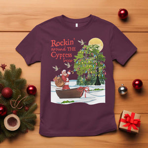 Funny Christmas Cajun Louisiana T Shirt Rockin' Around The Cypress Trees Santa Alligator TS11 Maroon Print Your Wear