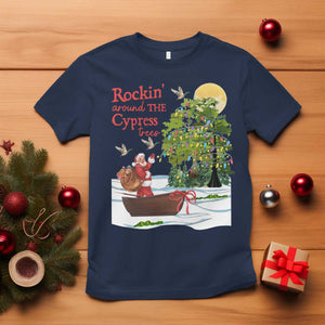 Funny Christmas Cajun Louisiana T Shirt Rockin' Around The Cypress Trees Santa Alligator TS11 Navy Print Your Wear
