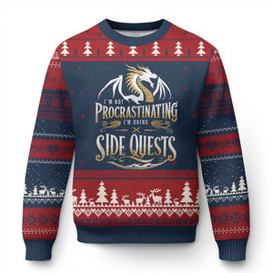 I Am Not Procrastinating I Am Doing Side Quest Ugly Christmas Sweater Fantasy Game Dragon TS11 Navy Red Print Your Wear