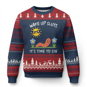 Wake Up Sluts Its Time To Sin Ugly Christmas Sweater Funny Worm Meme TS11 Navy Red Print Your Wear