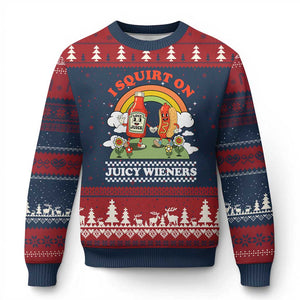 Funny I Squirt On Juicy Wieners Ugly Christmas Sweater Adult Humor Dirty Gag Hot Dog Joke TS11 Navy Red Print Your Wear