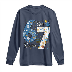 Funny 67 Hanukkah Long Sleeve Shirt Chanukah Menorah Dreidel Six Seven Meme TS11 Navy Print Your Wear