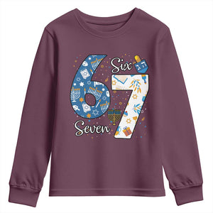 Funny 67 Hanukkah Youth Sweatshirt Chanukah Menorah Dreidel Six Seven Meme TS11 Maroon Print Your Wear