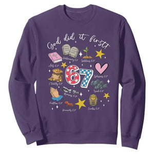 Funny 67 Christian Sweatshirt God Did It First Six Seven Meme Bible Verses TS11 Purple Print Your Wear
