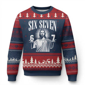 Funny Jesus 67 Ugly Christmas Sweater God Six Seven Meme Religious Christian TS11 Navy Red Print Your Wear
