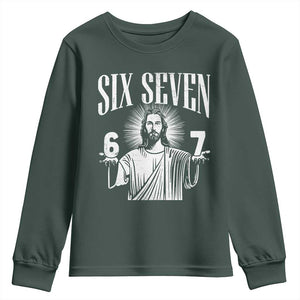Funny Jesus 67 Youth Sweatshirt God Six Seven Meme Religious Christian TS11 Dark Forest Green Print Your Wear
