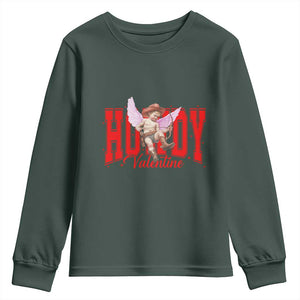 Funny Howdy Valentine Youth Sweatshirt Valentine's Day Western Cowboy Cupid TS11 Dark Forest Green Print Your Wear