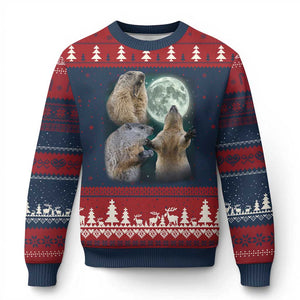 Funny Three Groundhog Moon Groundhog Day Meme Ugly Christmas Sweater TS11 Navy Red Print Your Wear