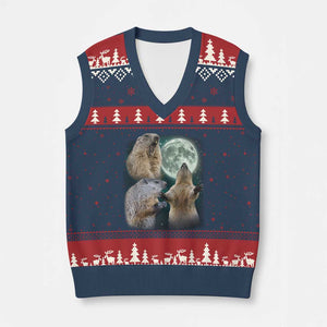Funny Three Groundhog Moon Groundhog Day Meme V-Neck Knit Sweater Vest TS11 Navy Red Print Your Wear