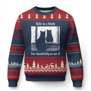 Funny Life Is A Bitch But Thankfully So Am I Ugly Christmas Sweater Black Cat Meme TS11 Navy Red Print Your Wear