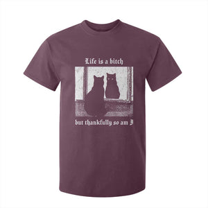 Funny Life Is A Bitch But Thankfully So Am I T Shirt For Kid Black Cat Meme TS11 Maroon Print Your Wear