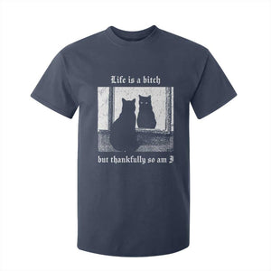 Funny Life Is A Bitch But Thankfully So Am I T Shirt For Kid Black Cat Meme TS11 Navy Print Your Wear