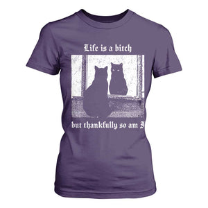 Funny Life Is A Bitch But Thankfully So Am I T Shirt For Women Black Cat Meme TS11 Purple Print Your Wear
