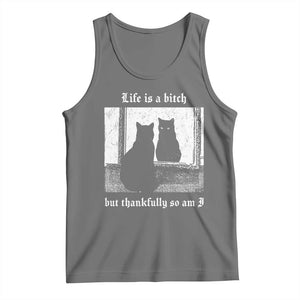 Funny Life Is A Bitch But Thankfully So Am I Tank Top Black Cat Meme TS11 Black Heather Print Your Wear