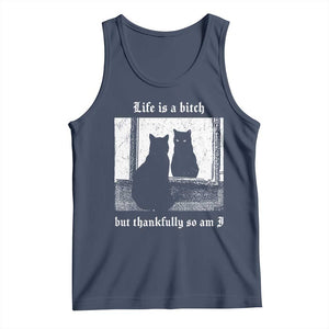 Funny Life Is A Bitch But Thankfully So Am I Tank Top Black Cat Meme TS11 Navy Print Your Wear