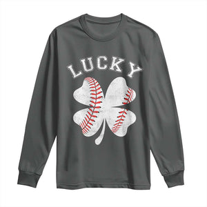 Funny Baseball Lucky Clover St Patricks Day Long Sleeve Shirt TS11 Dark Heather Print Your Wear