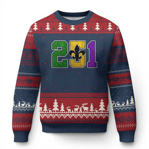 Funny Mardi Gras Mobile Alabama Ugly Christmas Sweater 251 Area Code Glitter Print Fleur De Lis TS11 Navy Red Print Your Wear