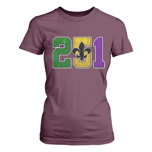 Funny Mardi Gras Mobile Alabama T Shirt For Women 251 Area Code Glitter Print Fleur De Lis TS11 Maroon Print Your Wear
