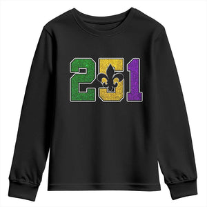 Funny Mardi Gras Mobile Alabama Youth Sweatshirt 251 Area Code Glitter Print Fleur De Lis TS11 Black Print Your Wear