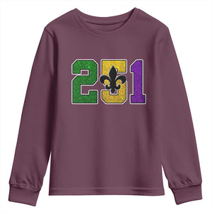 Funny Mardi Gras Mobile Alabama Youth Sweatshirt 251 Area Code Glitter Print Fleur De Lis TS11 Maroon Print Your Wear