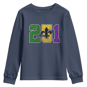 Funny Mardi Gras Mobile Alabama Youth Sweatshirt 251 Area Code Glitter Print Fleur De Lis TS11 Navy Print Your Wear