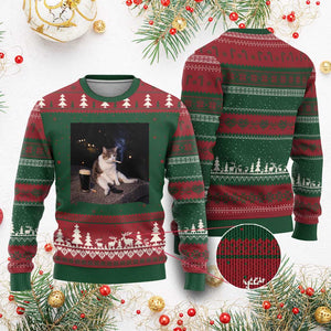 Funny Cigarette And Drinking Irish Stout Beer Cat Meme Ugly Christmas Sweater TS11 Red Green Print Your Wear