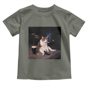 Funny Cigarette And Drinking Irish Stout Beer Cat Meme Toddler T Shirt TS11 Military Green Print Your Wear