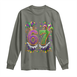 Funny 67 Mardi Gras Long Sleeve Shirt Six Seven Meme Carnival Hand Gesture TS11 Military Green Print Your Wear