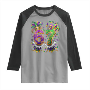 Funny 67 Mardi Gras Raglan Shirt Six Seven Meme Carnival Hand Gesture TS11 Sport Gray Black Print Your Wear