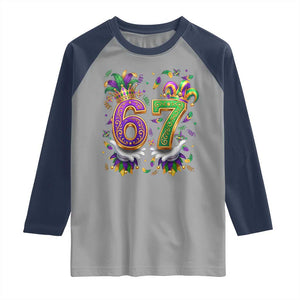 Funny 67 Mardi Gras Raglan Shirt Six Seven Meme Carnival Hand Gesture TS11 Sport Gray Navy Print Your Wear