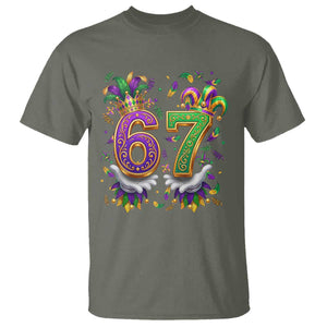 Funny 67 Mardi Gras T Shirt Six Seven Meme Carnival Hand Gesture TS11 Military Green Print Your Wear