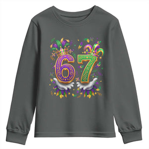 Funny 67 Mardi Gras Youth Sweatshirt Six Seven Meme Carnival Hand Gesture TS11 Dark Heather Print Your Wear