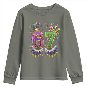 Funny 67 Mardi Gras Youth Sweatshirt Six Seven Meme Carnival Hand Gesture TS11 Military Green Print Your Wear