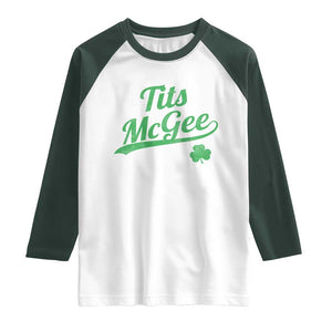 Tits McGee Raglan Shirt Funny Womens St Patricks Day Vintage Shamrocks TS11 White Dark Forest Green Print Your Wear