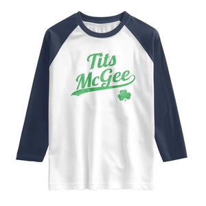 Tits McGee Raglan Shirt Funny Womens St Patricks Day Vintage Shamrocks TS11 White Navy Print Your Wear