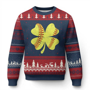 Softball St Patricks Day Irish Clover Sport Ugly Christmas Sweater TS11 Navy Red Print Your Wear