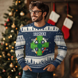 Irishki Half Irish Half Polish Ugly Christmas Sweater Celtic Cross St Patricks TS11 Navy Beige Print Your Wear