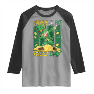 Funny Skibidi St Pat Rizz Day Raglan Shirt Dabbing Leprechaun Shamrock Coin TS11 Sport Gray Black Print Your Wear