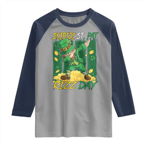 Funny Skibidi St Pat Rizz Day Raglan Shirt Dabbing Leprechaun Shamrock Coin TS11 Sport Gray Navy Print Your Wear