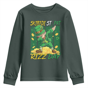 Funny Skibidi St Pat Rizz Day Youth Sweatshirt Dabbing Leprechaun Shamrock Coin TS11 Dark Forest Green Print Your Wear