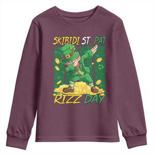 Funny Skibidi St Pat Rizz Day Youth Sweatshirt Dabbing Leprechaun Shamrock Coin TS11 Maroon Print Your Wear