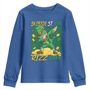 Funny Skibidi St Pat Rizz Day Youth Sweatshirt Dabbing Leprechaun Shamrock Coin TS11 Royal Blue Print Your Wear