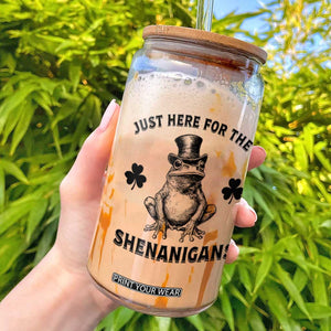 Funny St Patrick's Day Just Here For The Shenanigans Glass Can Frog Shamrock TS11 White Print Your Wear