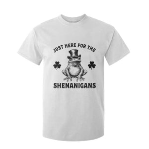Funny St Patrick's Day Just Here For The Shenanigans T Shirt For Kid Frog Shamrock TS11 White Print Your Wear