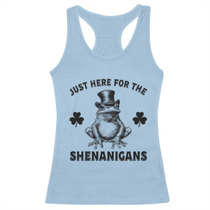 Funny St Patrick's Day Just Here For The Shenanigans Racerback Tank Top Frog Shamrock TS11 Light Blue Print Your Wear