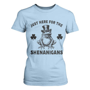Funny St Patrick's Day Just Here For The Shenanigans T Shirt For Women Frog Shamrock TS11 Light Blue Print Your Wear