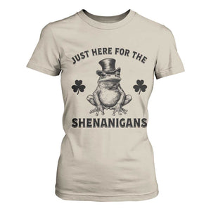 Funny St Patrick's Day Just Here For The Shenanigans T Shirt For Women Frog Shamrock TS11 Sand Print Your Wear