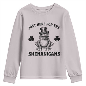 Funny St Patrick's Day Just Here For The Shenanigans Youth Sweatshirt Frog Shamrock TS11 Ice Gray Print Your Wear
