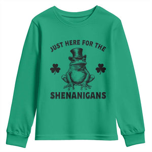 Funny St Patrick's Day Just Here For The Shenanigans Youth Sweatshirt Frog Shamrock TS11 Irish Green Print Your Wear